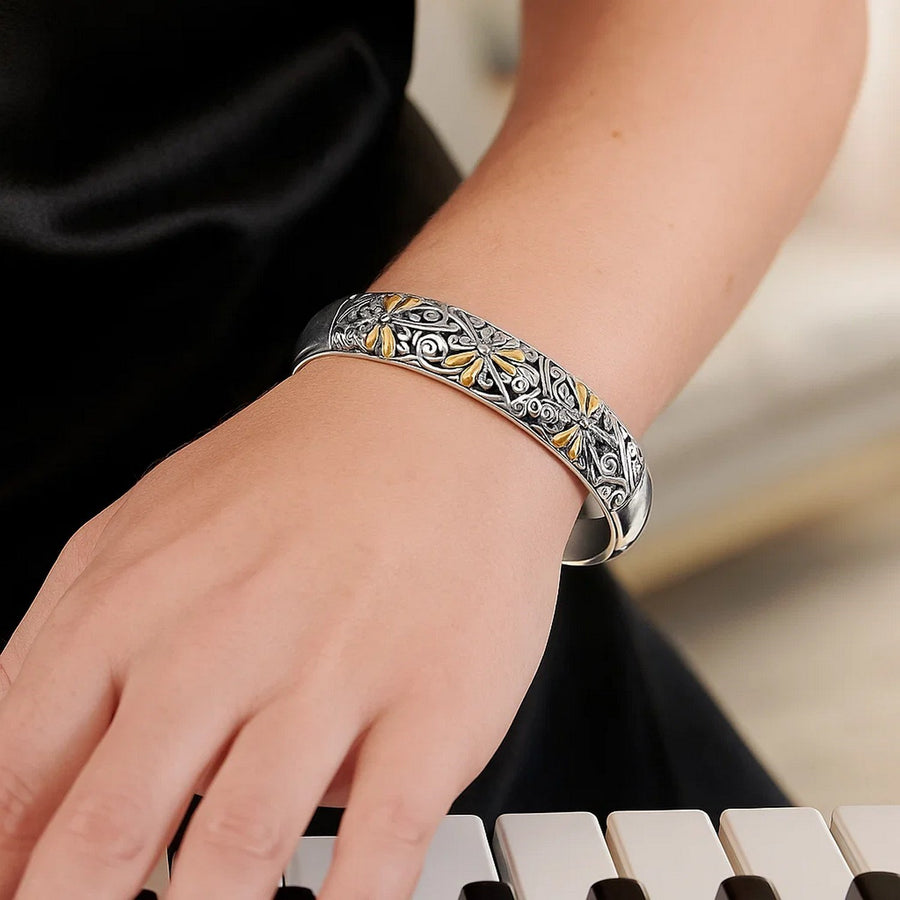 18k Yellow Gold and Sterling Silver Cuff with Dragonfly and Flourishes(12.70 mm)