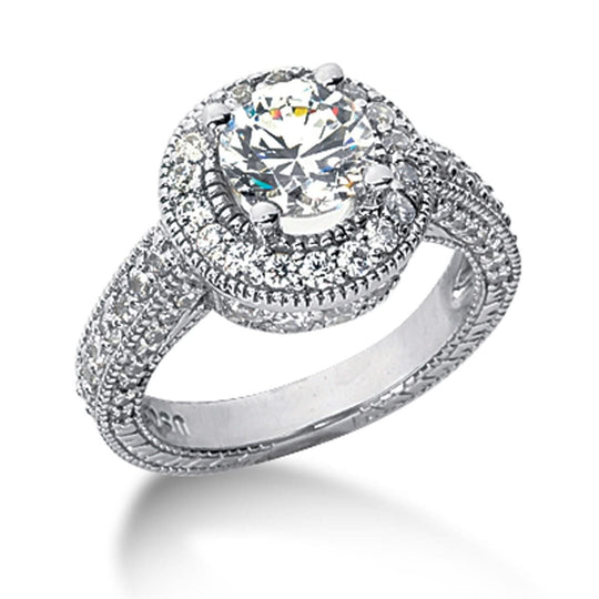 14K white gold ring with halo of round diamond stones, semi-mount setting