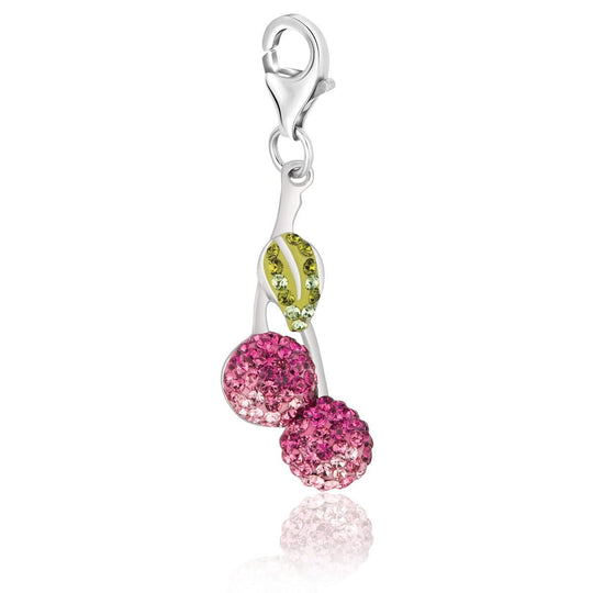 Sterling Silver Cherries Charm with Lime, Pink, and White Tone Crystal Accents
