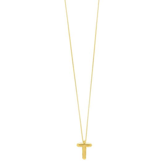 14K yellow gold initial T pendant with polished upright letter and fixed top bail