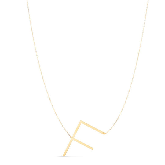 14K yellow gold initial letter F pendant necklace with polished block lettering