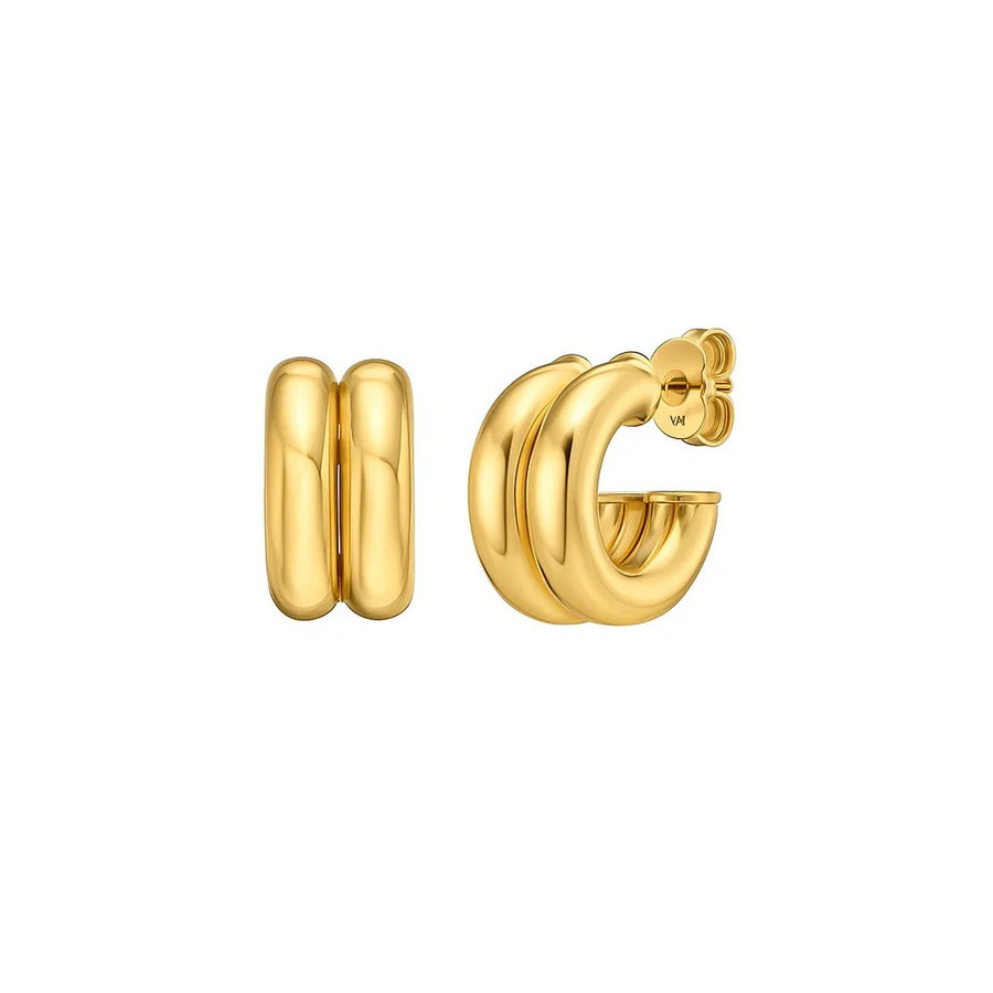 14K Yellow Gold Puffed Double Row C Hoop Earrings