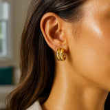 14K Yellow Gold Puffed Double Row C Hoop Earrings thumbnail 2