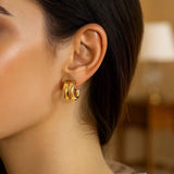 14K Yellow Gold Puffed Double Row C Hoop Earrings thumbnail 3
