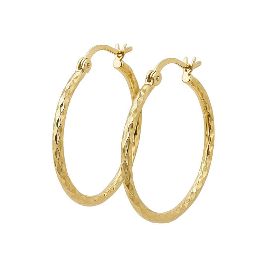 14K yellow gold diamond-cut hoop earring, 25mm round slim profile