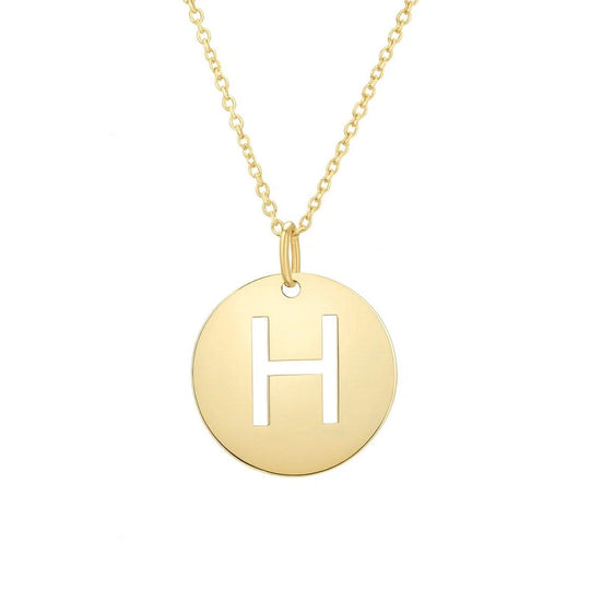 14K yellow gold disc initial H pendant with soldered bail