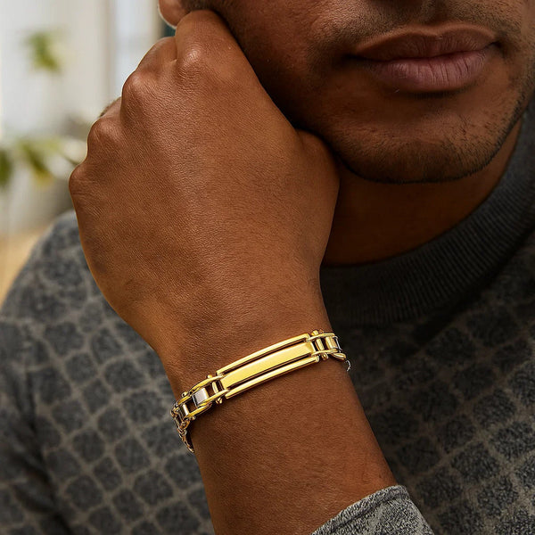 14k Two-Tone Gold Fancy Bar Style Mens Bracelet with Curved Connectors (9.65 mm)