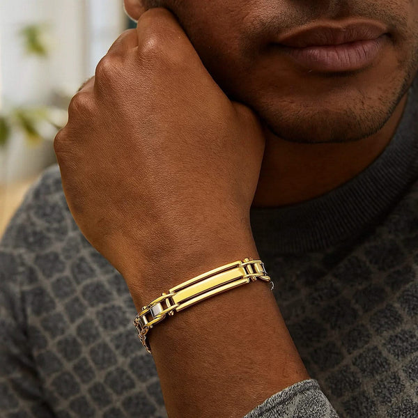 14k Two-Tone Gold Fancy Bar Style Mens Bracelet with Curved Connectors (9.65 mm)