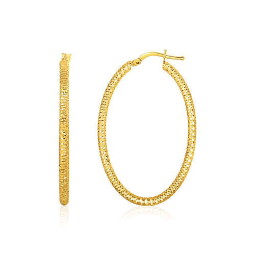 14k Yellow Gold Textured Oval Hoop Earrings(2x35mm)