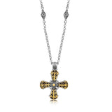 18K Yellow Gold and Sterling Silver Fancy Antique Style Cross Pendant thumbnail 1