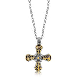18K Yellow Gold and Sterling Silver Fancy Antique Style Cross Pendant thumbnail 2