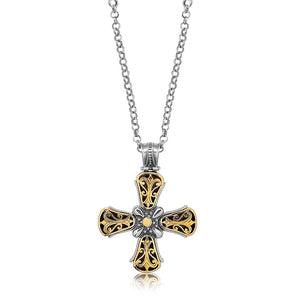 18K Yellow Gold and Sterling Silver Fancy Antique Style Cross Pendant