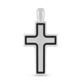 Rhodium plated sterling silver cross pendant with black frame border