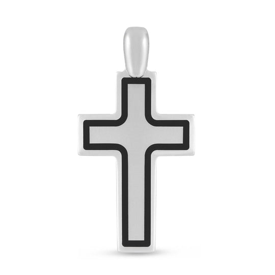 Rhodium plated sterling silver cross pendant with black frame border