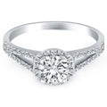 14K white gold engagement ring with diamond halo and split shank