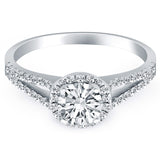 14K white gold engagement ring with diamond halo and split shank thumbnail 1