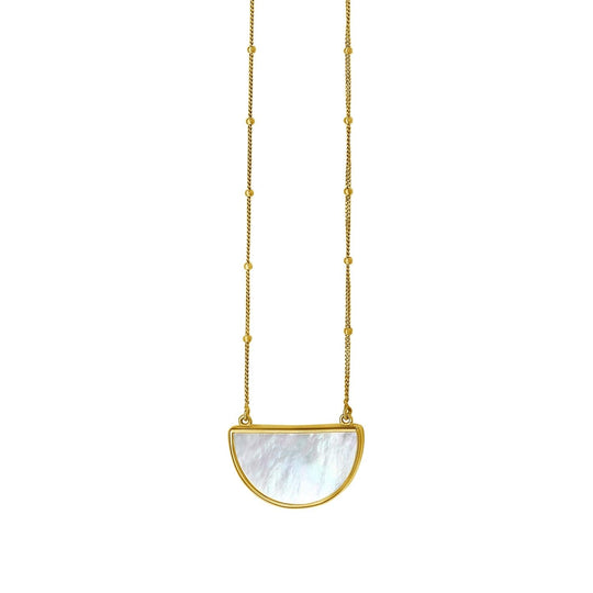 14K yellow gold half moon necklace with mother-of-pearl and geometric accents