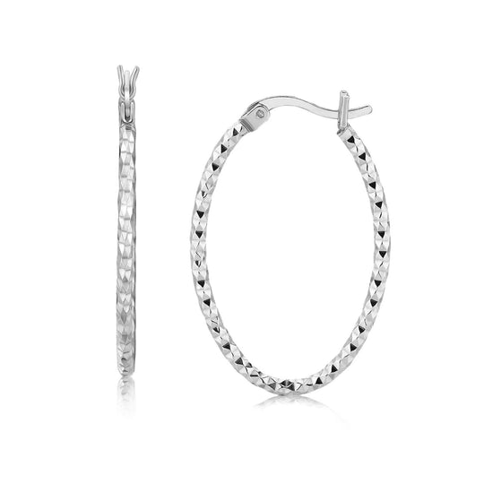 925 sterling silver rhodium plated diamond-cut textured classic hoop earrings