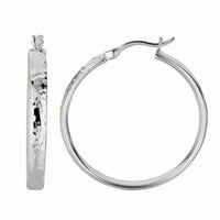 Sterling Silver Hammered Style Hoop Earrings with Rhodium Plating (4x30mm)
