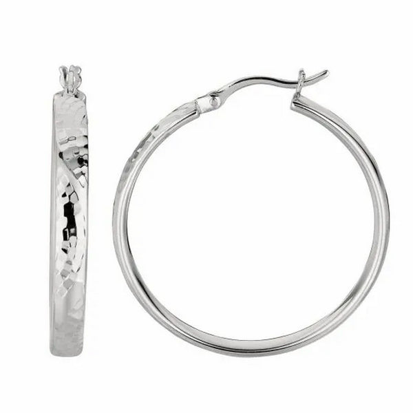 Sterling Silver Hammered Style Hoop Earrings with Rhodium Plating (4x30mm)