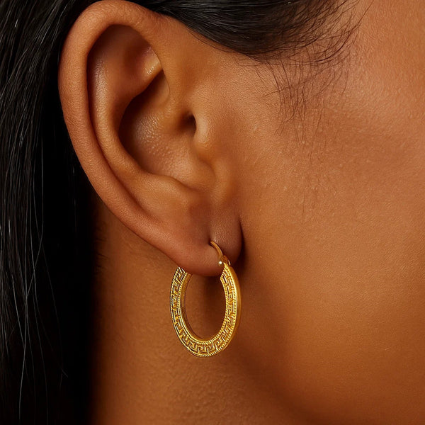 14k Yellow Gold Greek Key Medium Hoop Earrings with Flat Sides
