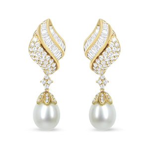 18k Yellow Gold 7.0 Cttw Baguette and Round Diamond South Sea Pearl Drop Dangle Clip-On Earrings (F-G Color, VS1-VS2 Clarity)-1