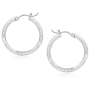 14k White Gold Diamond Cut Hoop Earrings (3x25mm)