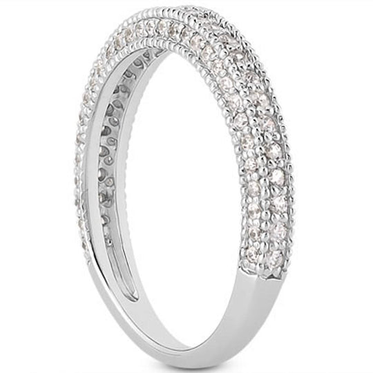 14K white gold ring with pave diamond stones and milgrain edge