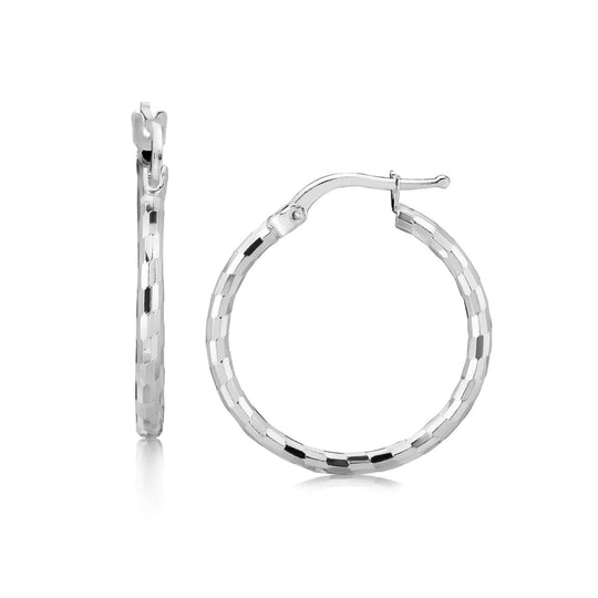 Rhodium-plated sterling silver diamond-cut hoop earrings, 2 by 20mm