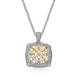 14K Yellow Gold and Sterling Silver Antique Inspired Necklace with a Square Filigree Pendant thumbnail 1