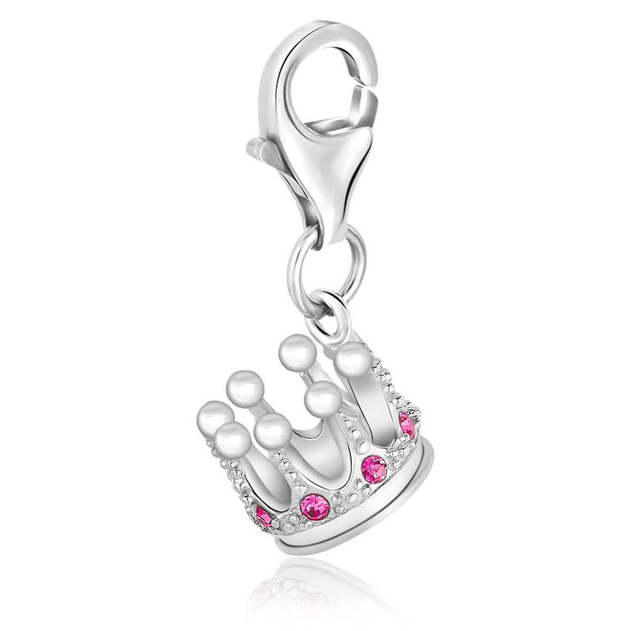 Sterling Silver Crown Charm with White and Pink Crystal Accents