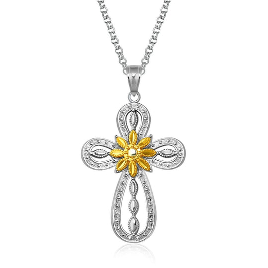 Designer Sterling Silver and 14K Yellow Gold Open Loop Cross Pendant