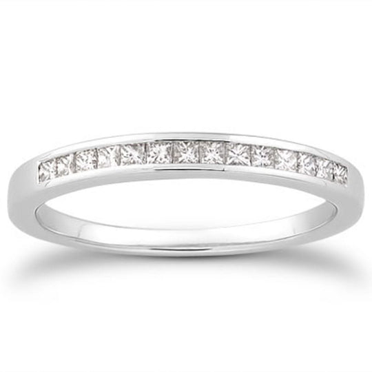 14K white gold ring with channel-set princess-cut diamond stones