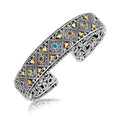 18K yellow gold and silver open cuff bangle with diamond pattern accents