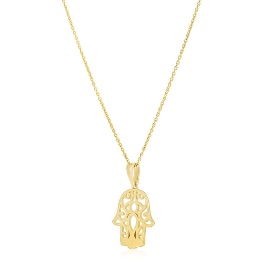 14K yellow gold high polish hamsa amulet pendant necklace