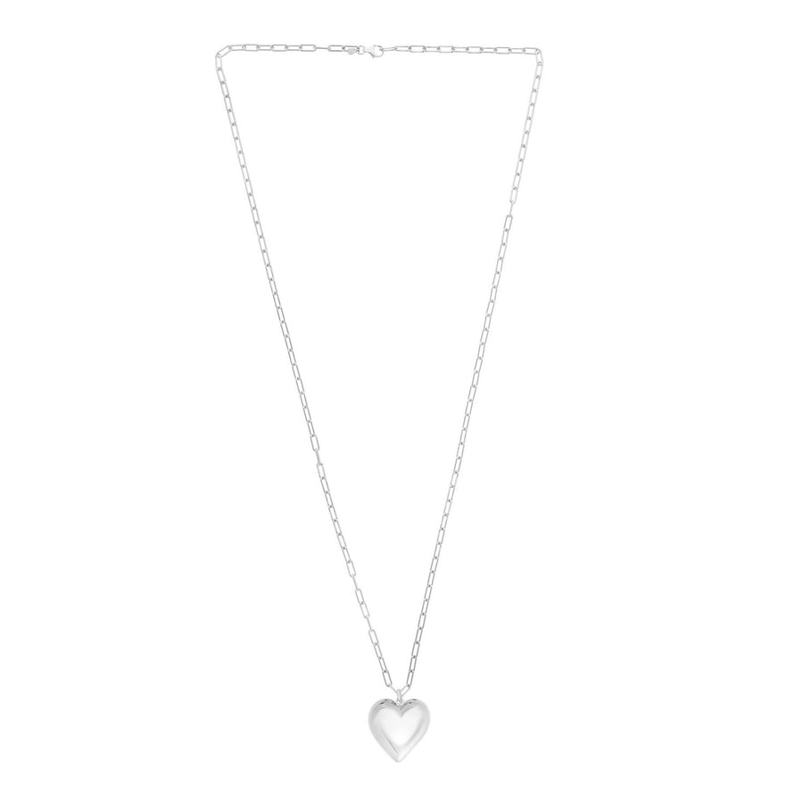 Sterling Silver Rhodium Plated Large Puffed Heart Long Necklace