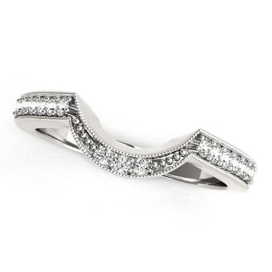 14K white gold curved wedding band with round diamond stones