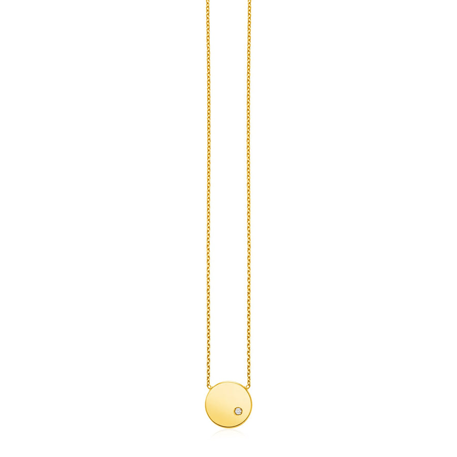 14k Yellow Gold Necklace with Polished Round Pendant with Diamond