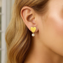 Heart and Pearl Drop Stud Earrings in 14K Yellow Gold