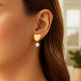 Heart and Pearl Drop Stud Earrings in 14K Yellow Gold thumbnail 3