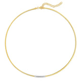 14K yellow gold bar necklace with a row of round diamond stones on omega chain thumbnail 1