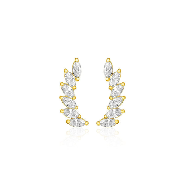 14k Yellow Gold Leaf Motif Climber Post Earrings with Marquise Cubic Zirconias