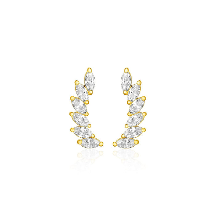 14k Yellow Gold Leaf Motif Climber Post Earrings with Marquise Cubic Zirconias