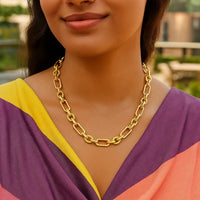 Rounded Rectangular Link Necklace with Textured Round Links in 14k Yellow Gold