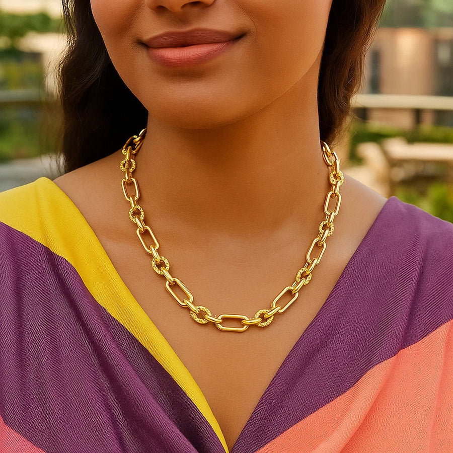 Rounded Rectangular Link Necklace with Textured Round Links in 14k Yellow Gold