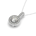 14K white gold pendant with halo of round diamond stones and milgrain edge