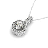 14K white gold pendant with halo of round diamond stones and milgrain edge thumbnail 1