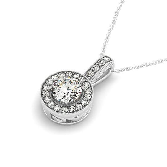 14K white gold pendant with halo of round diamond stones and milgrain edge