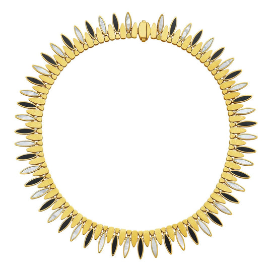 14K yellow gold collar necklace with a graduated sculpted band
