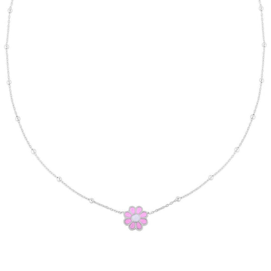 Sterling Silver Rhodium Plated Enamel Pink Flower Necklace